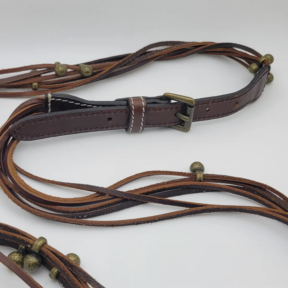 Large J Crew Brown Leather Multi Strand Brass Hardware Western Rodeo Belt - Picture 5 of 5